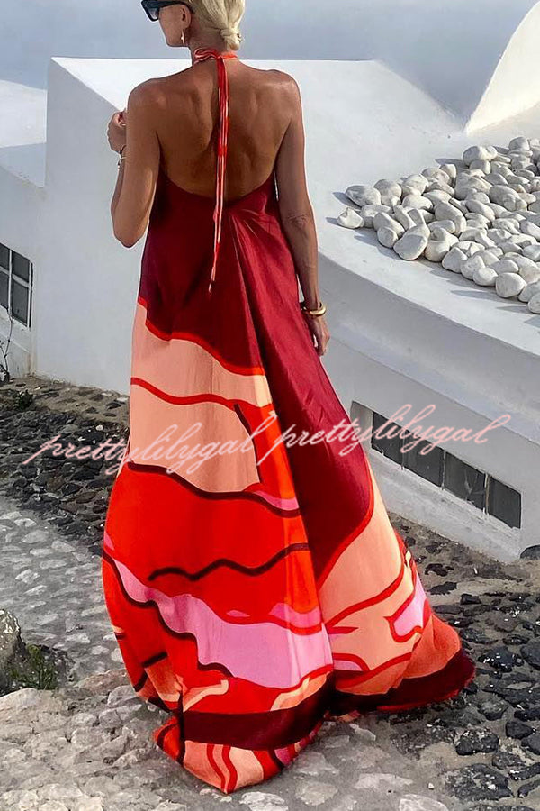 Vacay Happy Hour Printed Halter Backless A-line Maxi Dress