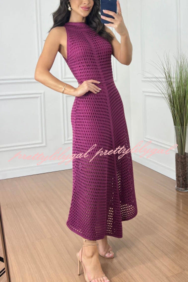 Violet Crochet Knit Round Neck Texture A-line Maxi Dress