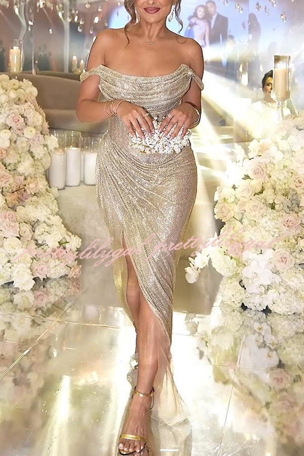 Party with Passion Sequin Off Shoulder Ruched Slit Maxi Dress prettylilygal Party with Passion Sequin Off Shoulder Ruched Slit Maxi Dress prettylilygal