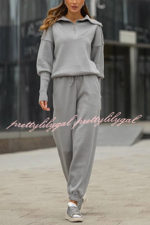 Solid Color Long-sleeved Zip-up Sweatshirt and Elastic Waist Loose Pocket Pants Set