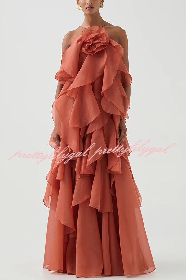 Free - Flowing Rose Detail Tiered Ruffles Halter A-line Maxi Dress