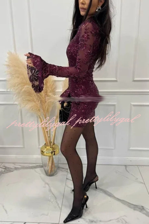 Deep and Dazzling Floral Texture Sequin Long Bell Sleeve Open Back Mini Dress