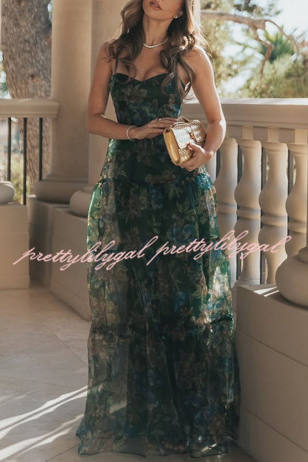 Exclusive Glamour Organza Floral Print Tiered Slip Maxi Dress