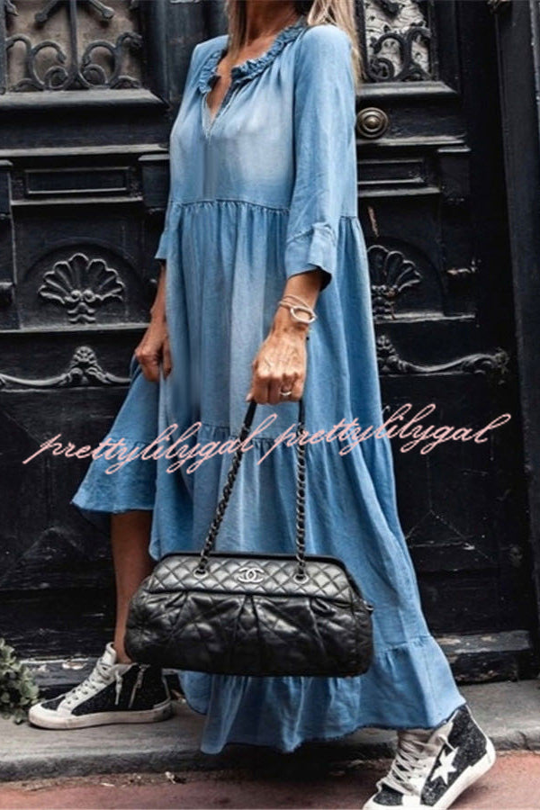 V Neck Long Sleeve Hem Denim Maxi Dress