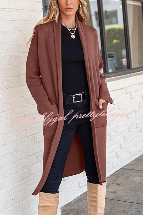 Solid Color Long-sleeved Casual Loose Pocket Mid-length Cardigan