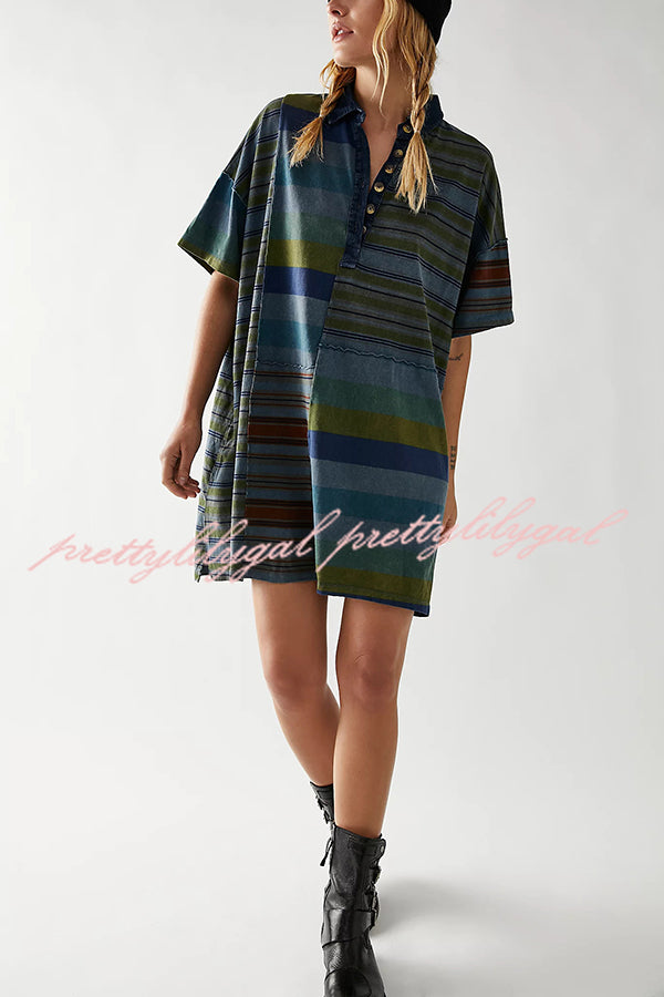 Contrast Striped Patchwork Denim Lapel Loose Casual Mini Dress