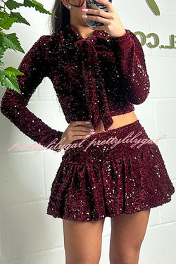 Solid Velvet Sequined Long Sleeve Tie Top and Seersucker Mini Skirt Set