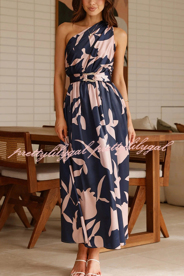 Unique Print Sleeveless One Shoulder Belted Maxi Dress