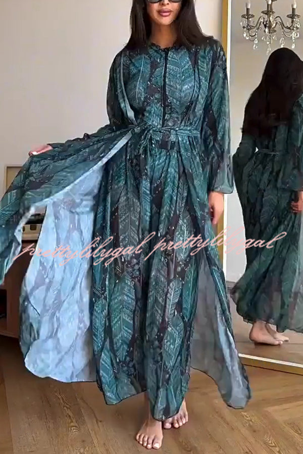 Unique Print One-piece Swimsuit and Cardigan and High Rise Pants Three-piece Set