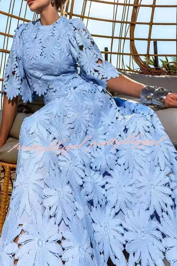 Elegant Embroidered Hollow Flowers Bell Sleeve Top and Full Hem Maxi Skirt Set