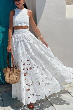 Next Trip Floral Embroidery Crochet Lace Crop Tank Top and Elastic Waist Pocket Maxi Skirt Set