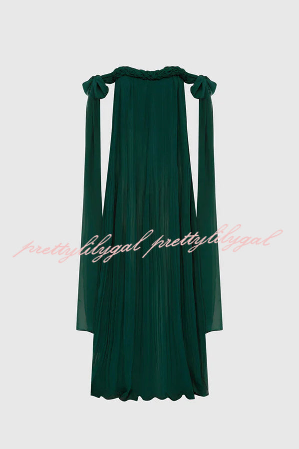 Fairy Spirit Tulle Braided Neckline Tie Arm Straps Pleated Maxi Dress