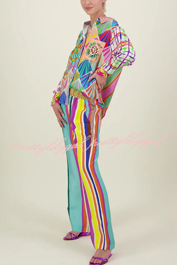 You Make Me Wonder Satin Colorful Unique Print Button Down Oversized Blouse