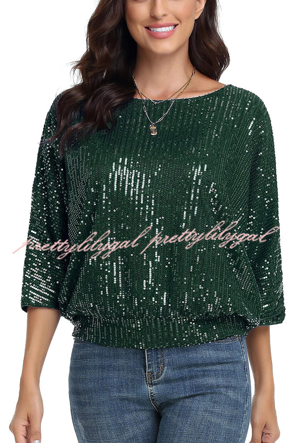 Solid Color Sequined Loose Round Neck Casual Top