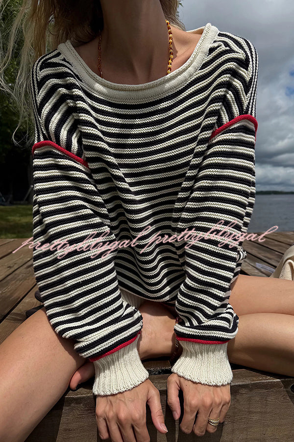 Fashion Striped Colorblock Loose Round Neck Long-sleeved Knitted Sweater