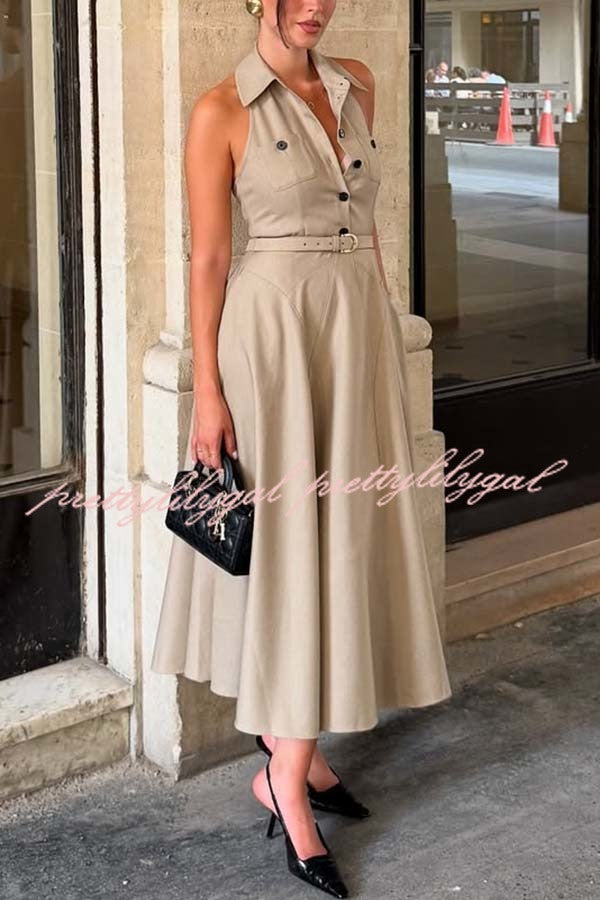Charmed To Meet You Button Up Belted Pocket Halter Shirt Flare Midi Dress