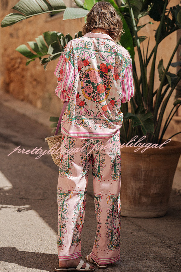 Floral Charm Unique Print Loose Blouse and Elastic Waist Pocketed Pants Set