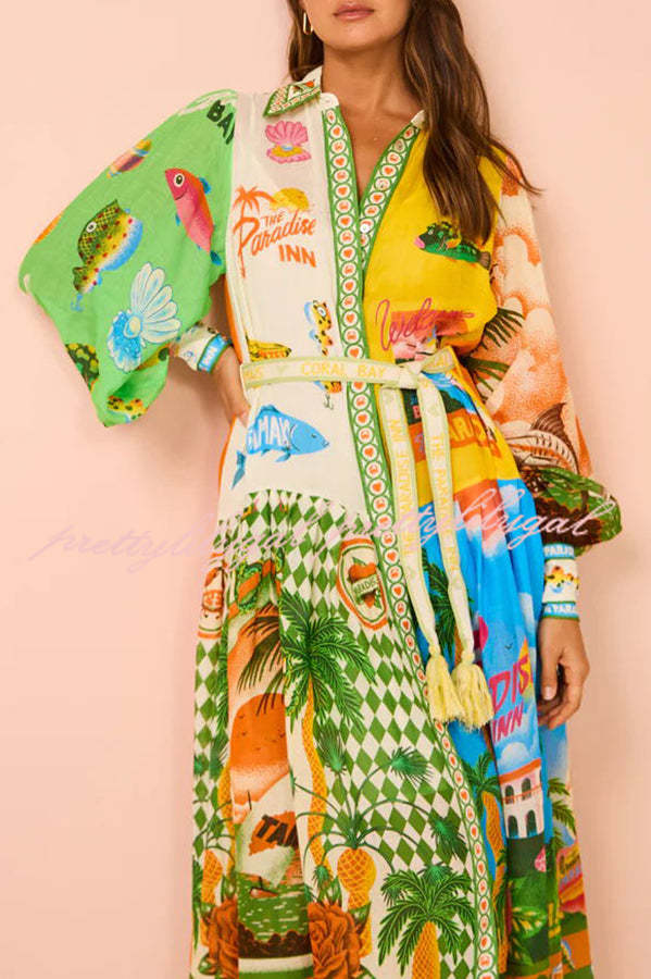 A World of Colour Unique Print Balloon Sleeve Belt Shirt Midi Dress