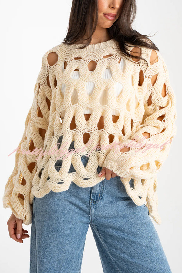 Solid Color Casual Hollow Long-sleeved Holiday Knitted Sweater