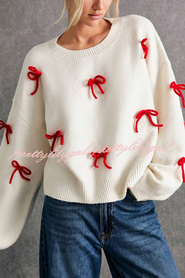 Christmas Bow Round Neck Loose Long Sleeve Knitted Sweater