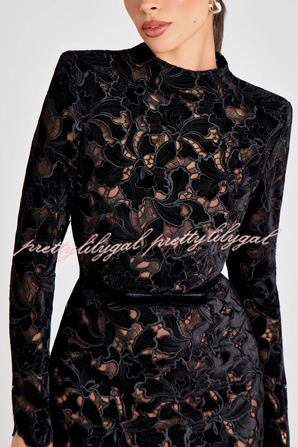 Diane Velvet Embroidered Floral Lace Long Sleeve Belt Scallop Edge Midi Dress