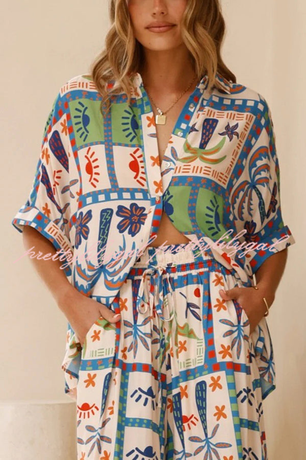 Unique Print Lapel Short Sleeve Loose Shirt and Elastic Waist Casual Pocket Wide Leg Pants Set