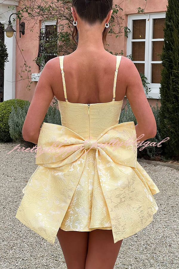 Jacquard Fabric Halter Back Elegant Bow Slim Fit Mini Dress