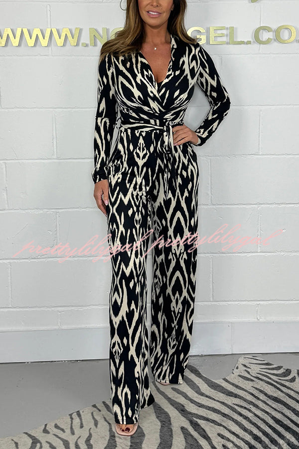 Fashion Leopard Print V-Neck Long Sleeve Lace-Up Casual Jumpsuit