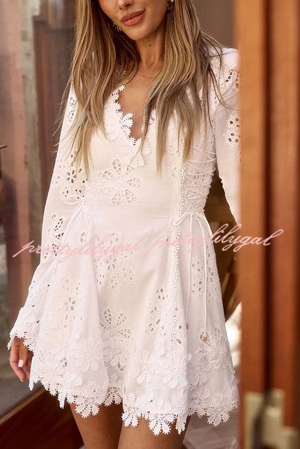 Diaz Embroidery Hollow Fabric Delicate Flower Trim Long Sleeve Side Lace-up Mini Dress