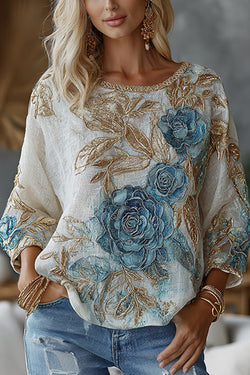 Bohemian Floral Print Round Neck Long-sleeved Loose Top