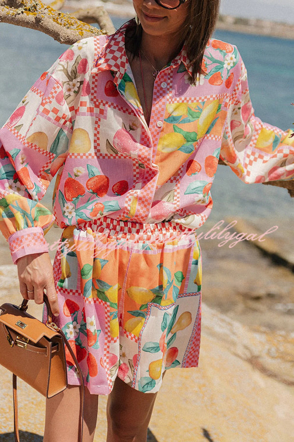 Leisurely Outings Summer Fruit Print Loose Long Sleeve Shirt and Elastic Waist Pocket Shorts Set