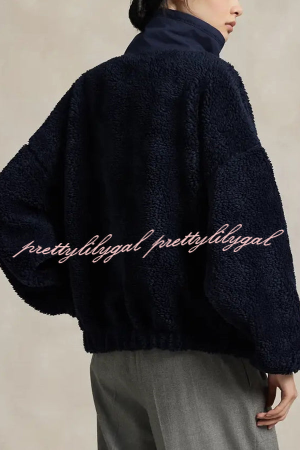 American Retro Polo Bear Pattern Stand Button Neck Long Sleeve Fleece Pullover