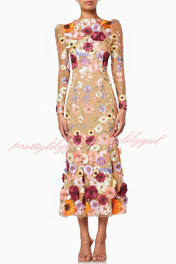 Dignified and Refined Charm Embroidered Floral Applique Long Sleeve Fish Tail Midi Dress