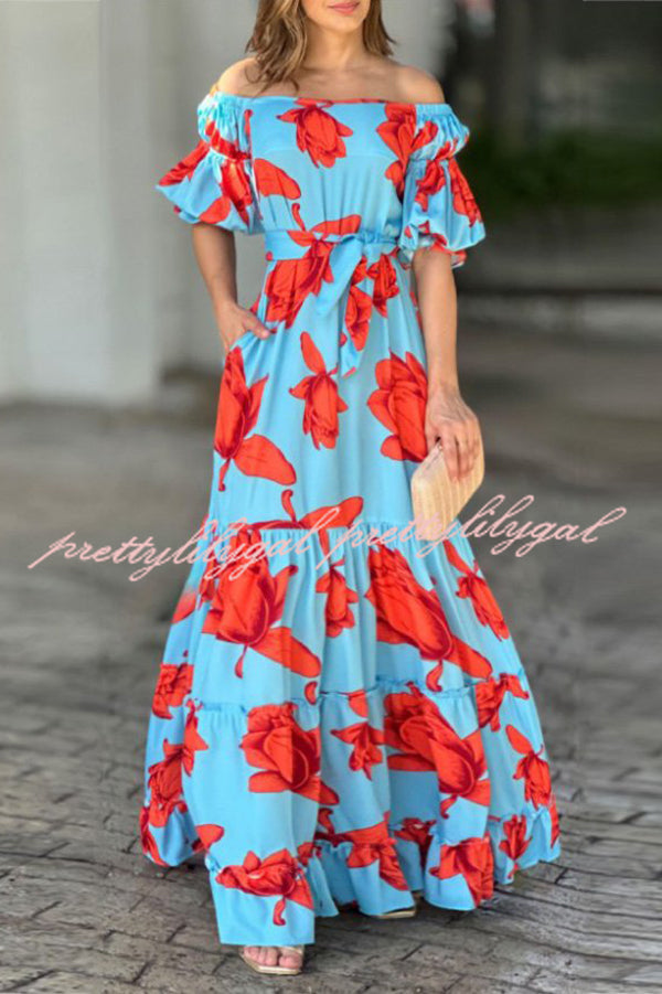 Floral Print Waist Belted Slim Fit Off The Shoulder Maxi Dress