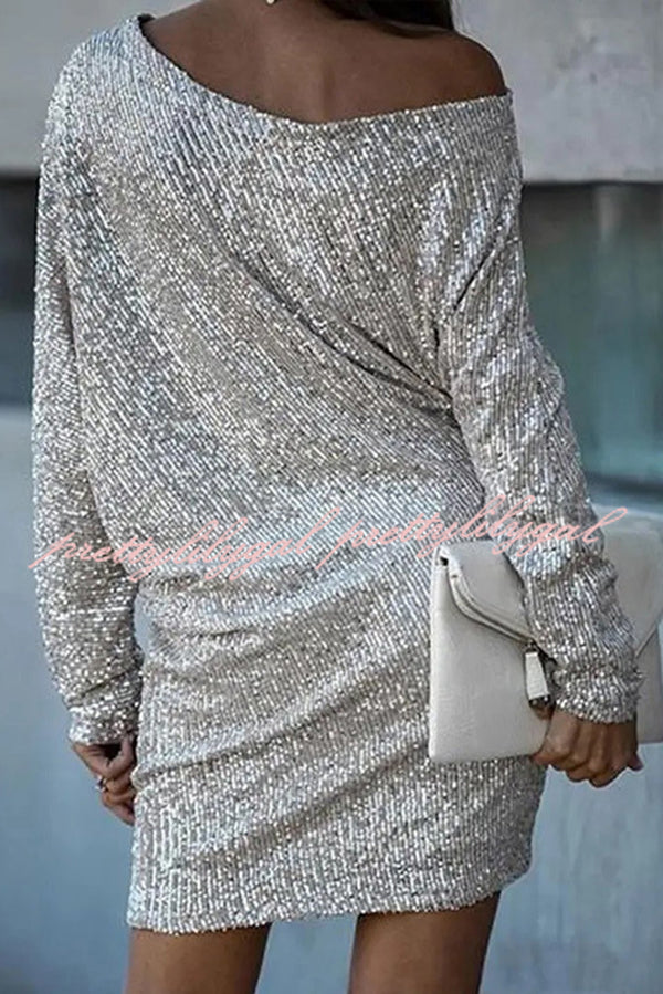 Solid Sequined Off-shoulder Loose Mini Dress