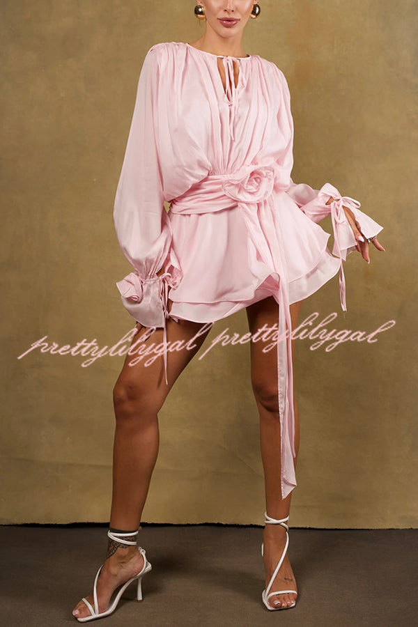 Solid Color Long Sleeve V-Neck Lace-Up Elegant Flower Decorated Mini Dress