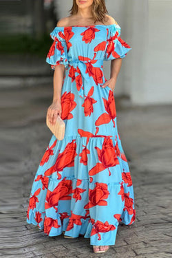 Floral Print Waist Belted Slim Fit Off The Shoulder Maxi Dress