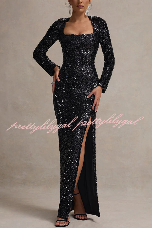 My Dream Sequin Square Neck Long Sleeves Slit Maxi Dress