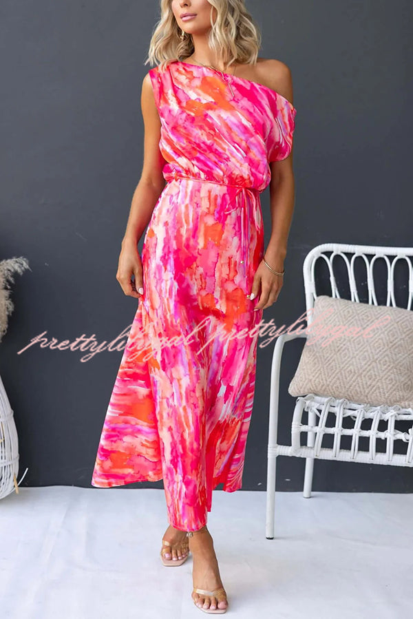 Satin Unique Print One Shoulder Tie Waist Slit Maxi Dress