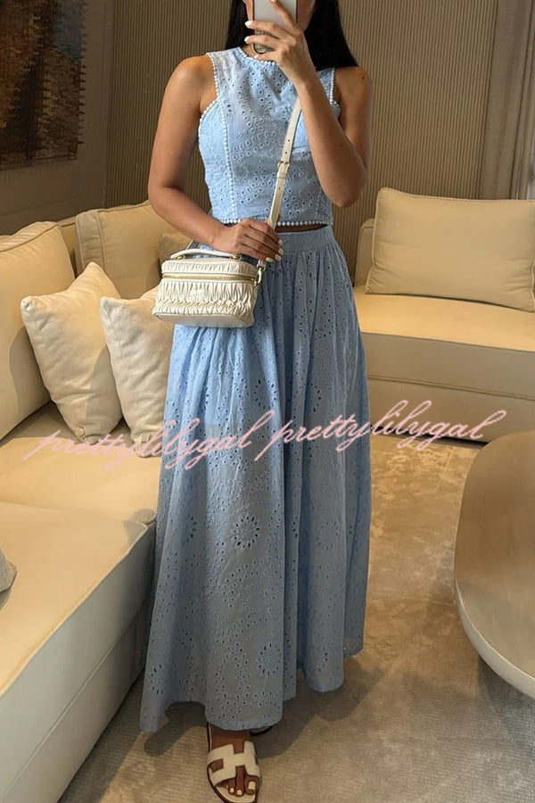 Kaya Embroidery Hollow Lace Back Smocked Tank and Elastic Waist A-line Maxi Skirt Set