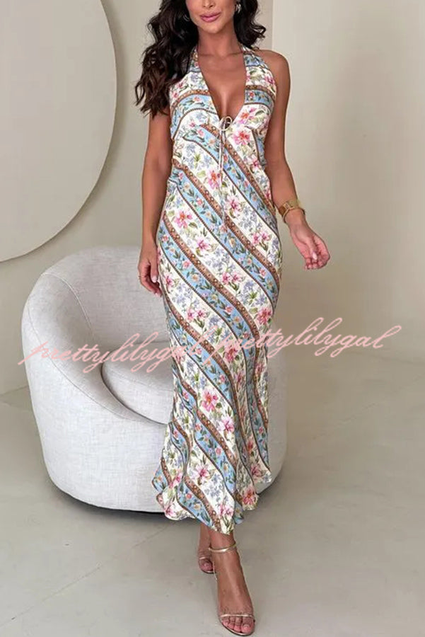 Garden Goddess Unique Colorblock Floral Print Halter Backless Maxi Dress