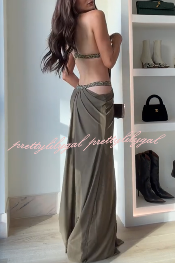 Khaki Hot-fix Rhinestone Shoulder Strap Cutout Design Backless Drape Maxi Dress