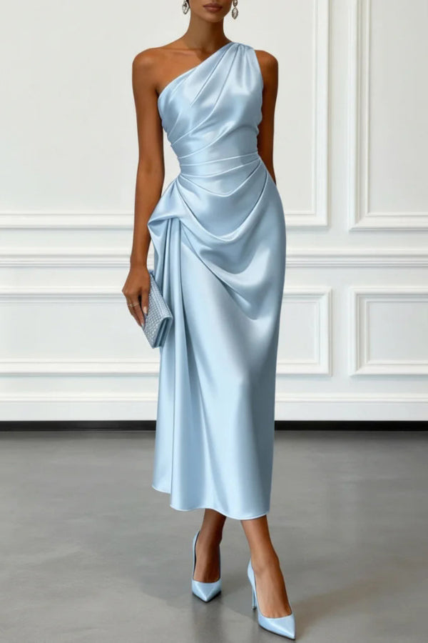 one shoulder pleated satin midi dress Satin One-shoulder Pleated Waist Elegant Midi Dress – prettylilygal