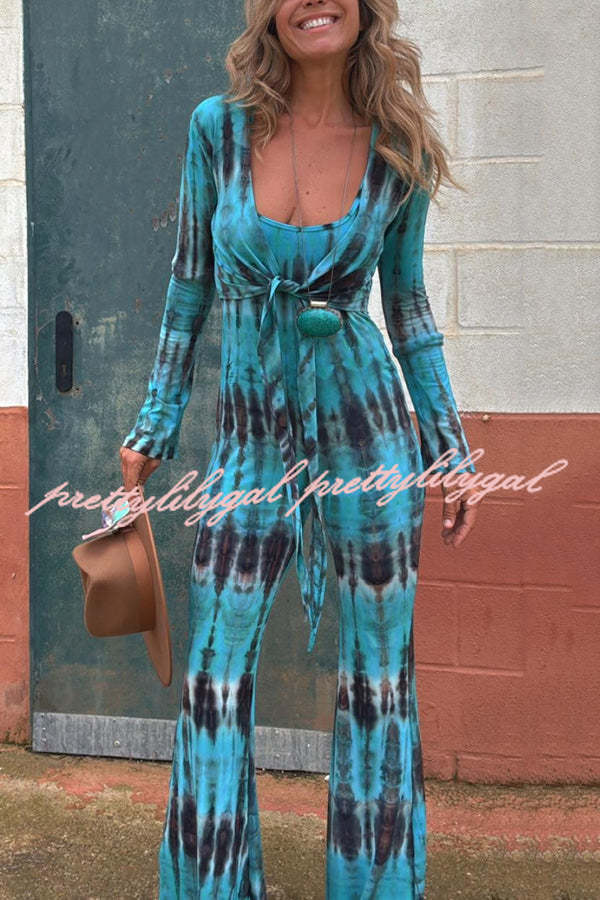 Exclusive Style Tie-dye Print Backless Tie-up Stretch Flared Jumpsuit