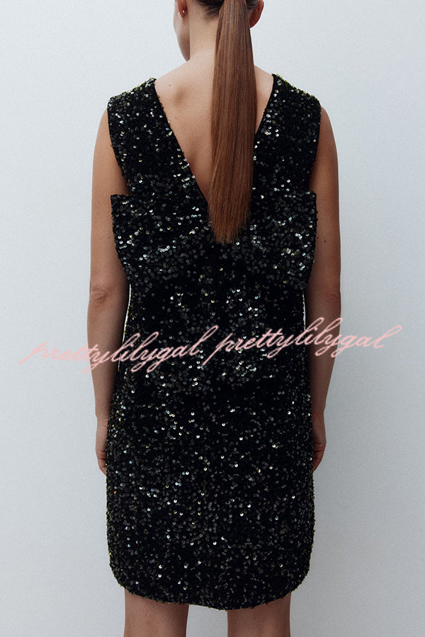 Glam Season Velvet Sequin Back Oversized Bow Design Sleeveless Loose Mini Dress