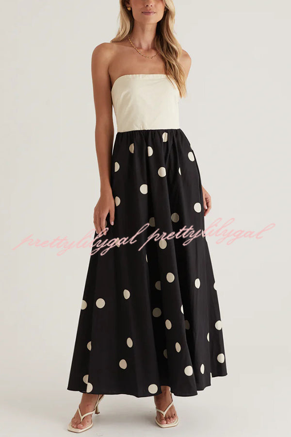 Fashion Polka Dot Print Tube Top Spliced Maxi Dress