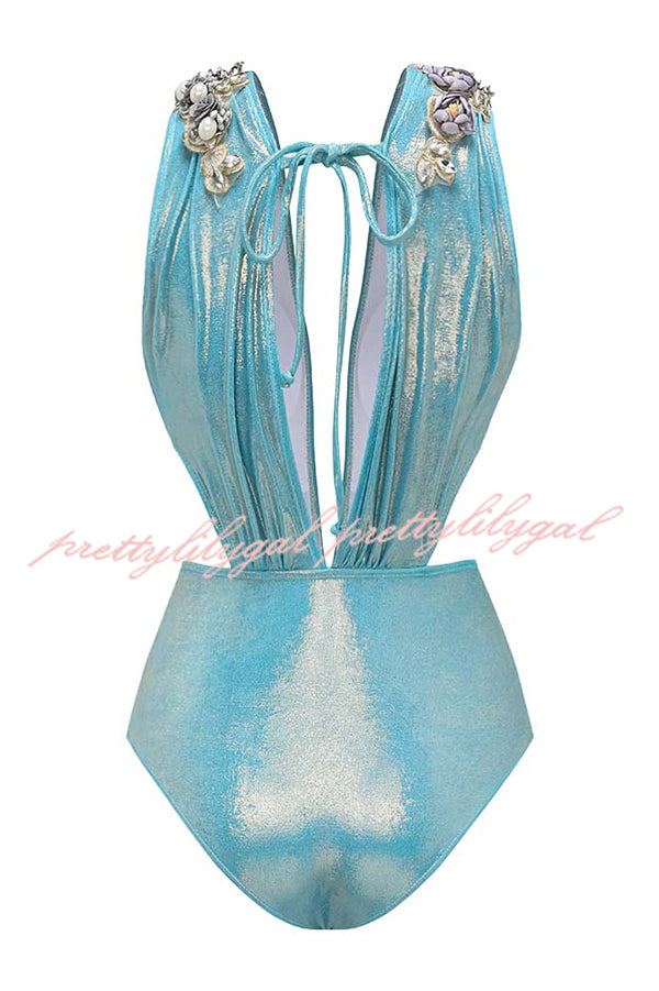 Solid Color Shiny Fabric Deep V Metal Embellished Stretch One-piece Swimsuit