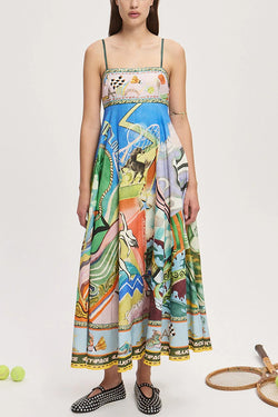 Linen Blend Unique Print Suspenders Back Pleated Pocket Resort Style Maxi Dress