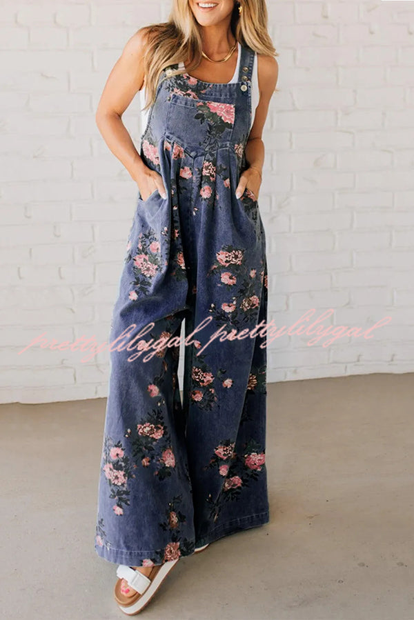 Fashion Floral Print Casual Button Pocket Loose Denim Overalls