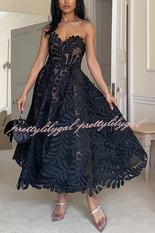 Elegant Openwork Lace Strapless Full-hem Midi Dress